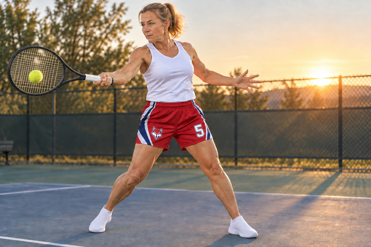 Masters tennis player driving an open-stance forehand at sunrise wearing red custom sublimated athletic shorts with number 5.