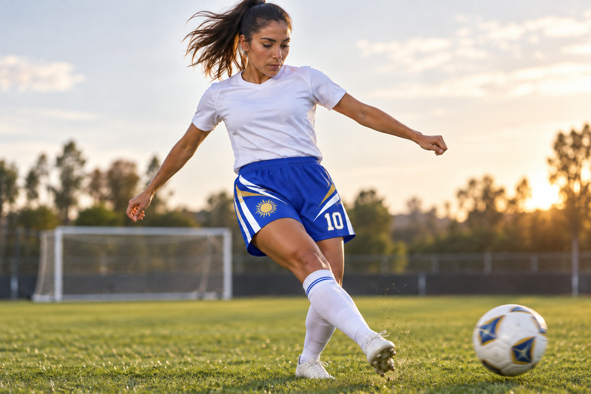 Soccer player striking the ball on a late-afternoon training field wearing royal blue custom sublimated athletic shorts with number 10.