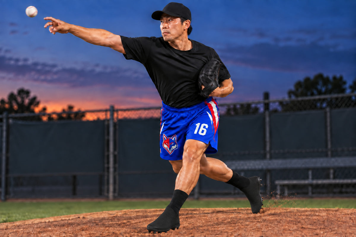 Baseball pitcher releasing the ball in a blue-hour bullpen wearing royal blue custom sublimated athletic shorts with number 16.