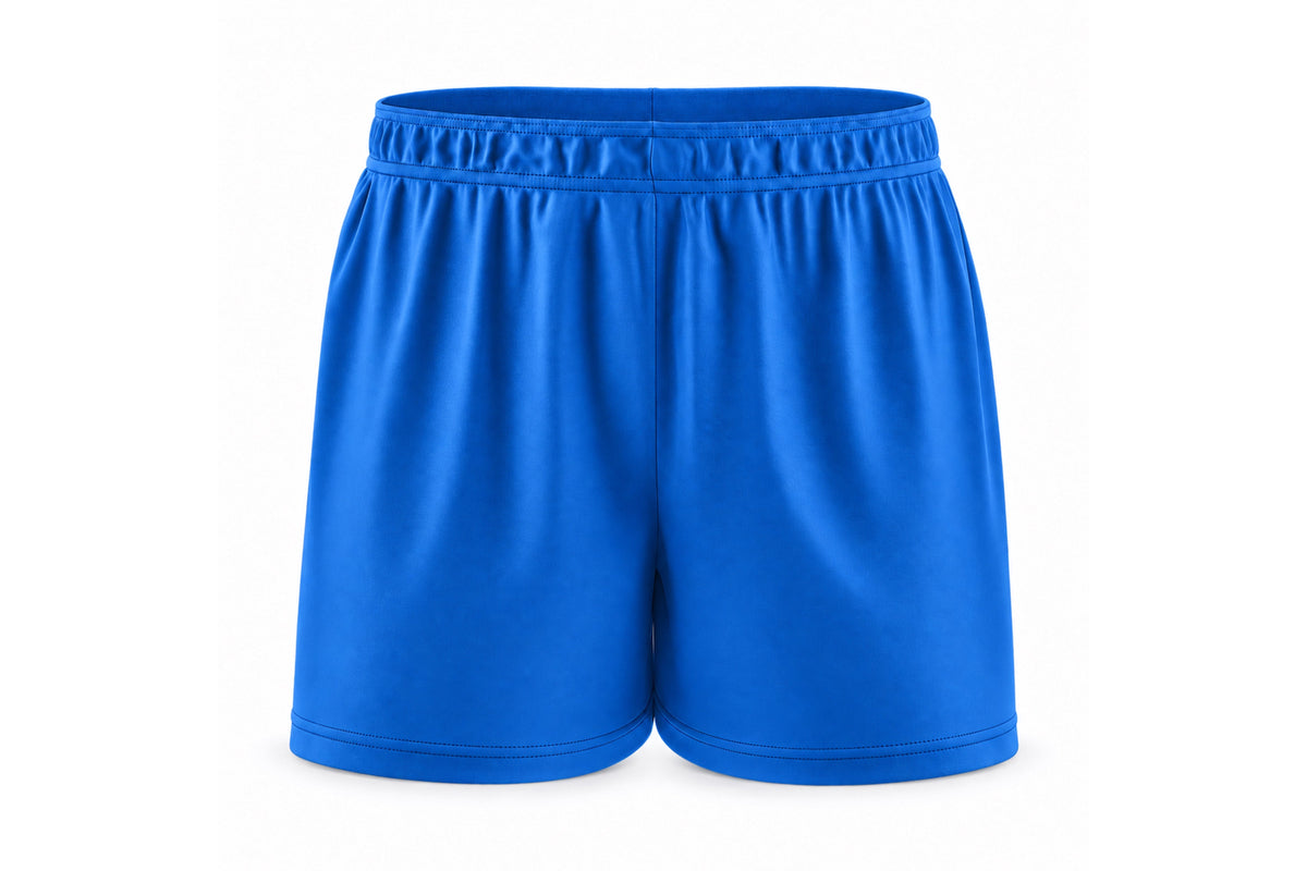 Front view of blank royal blue custom sublimated athletic shorts with elastic waistband and stitched hems on a white background.