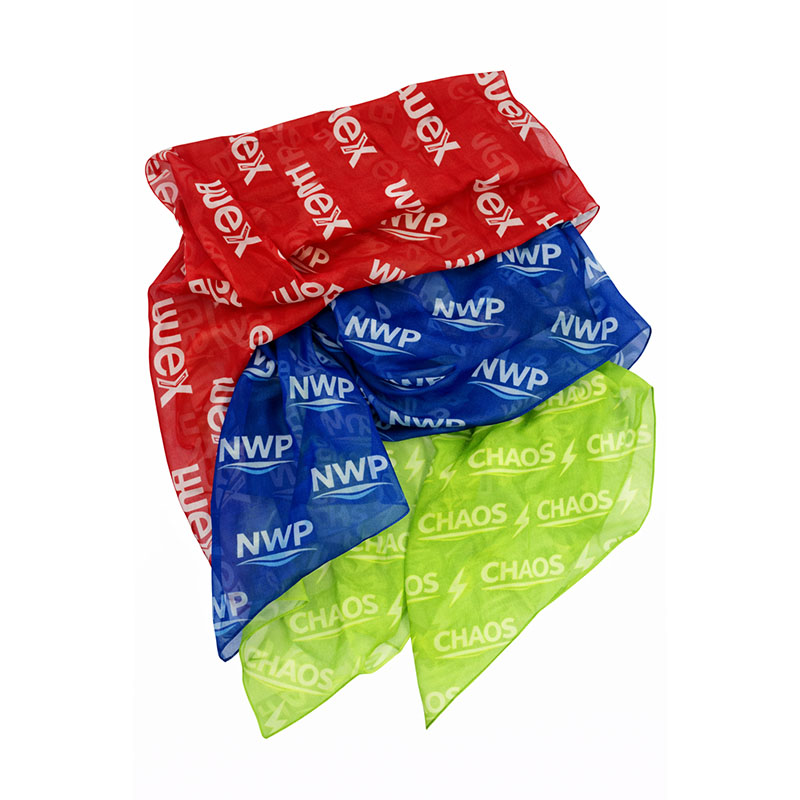 Custom sublimated chiffon scarves in multiple colors