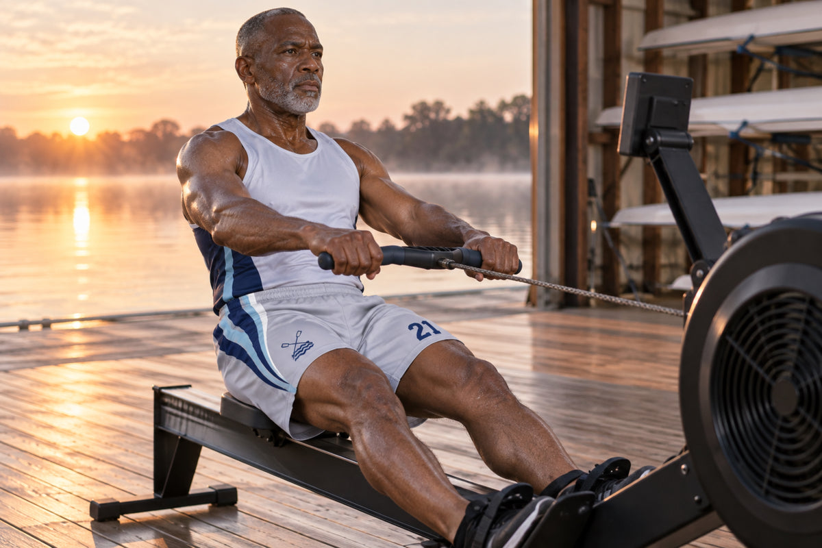 Masters rower training on an ergometer beside the water at sunrise wearing silver gray custom sublimated athletic shorts with number 21.