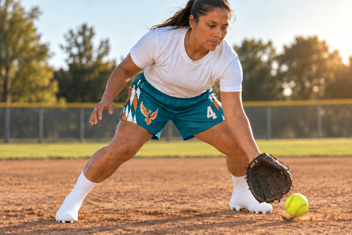 Softball player fielding a ground ball on a sunlit infield wearing teal custom sublimated athletic shorts with number 4.