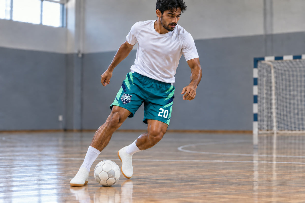 Futsal player changing direction while controlling the ball indoors wearing teal custom sublimated athletic shorts with number 20.