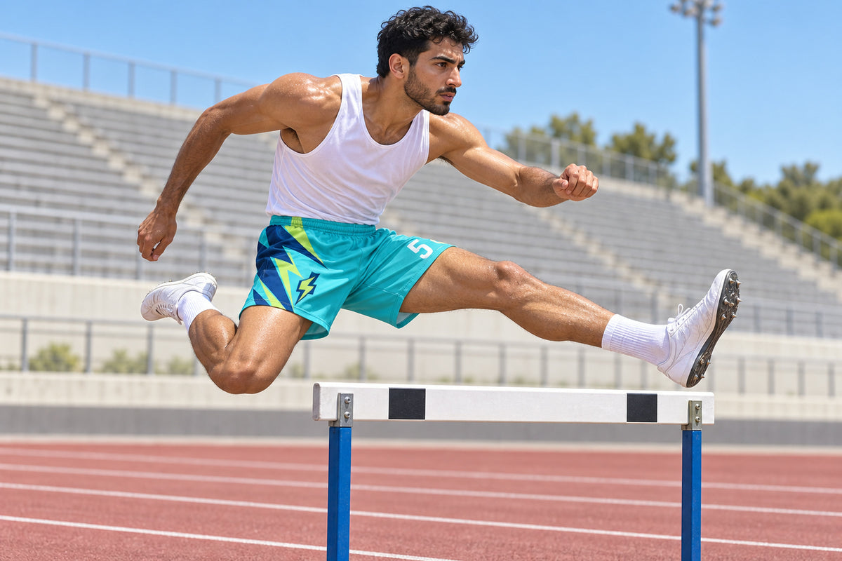 Hurdler clearing a barrier on an outdoor track wearing turquoise custom sublimated athletic shorts with number 5.