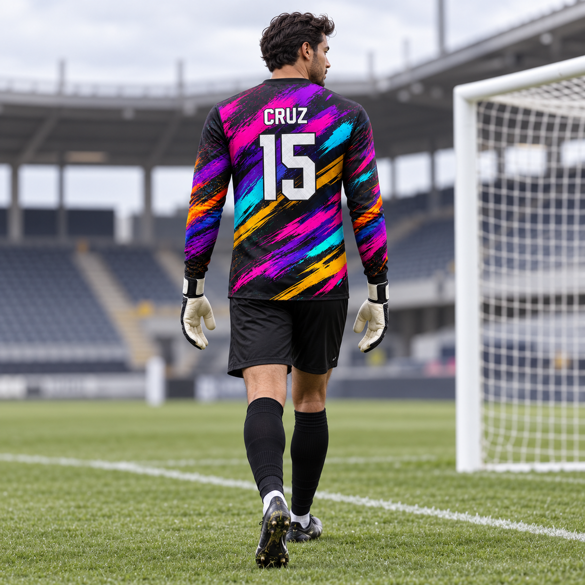 Urban Strike custom goalkeeper jersey worn by male goalkeeper, full back view, CRUZ 15