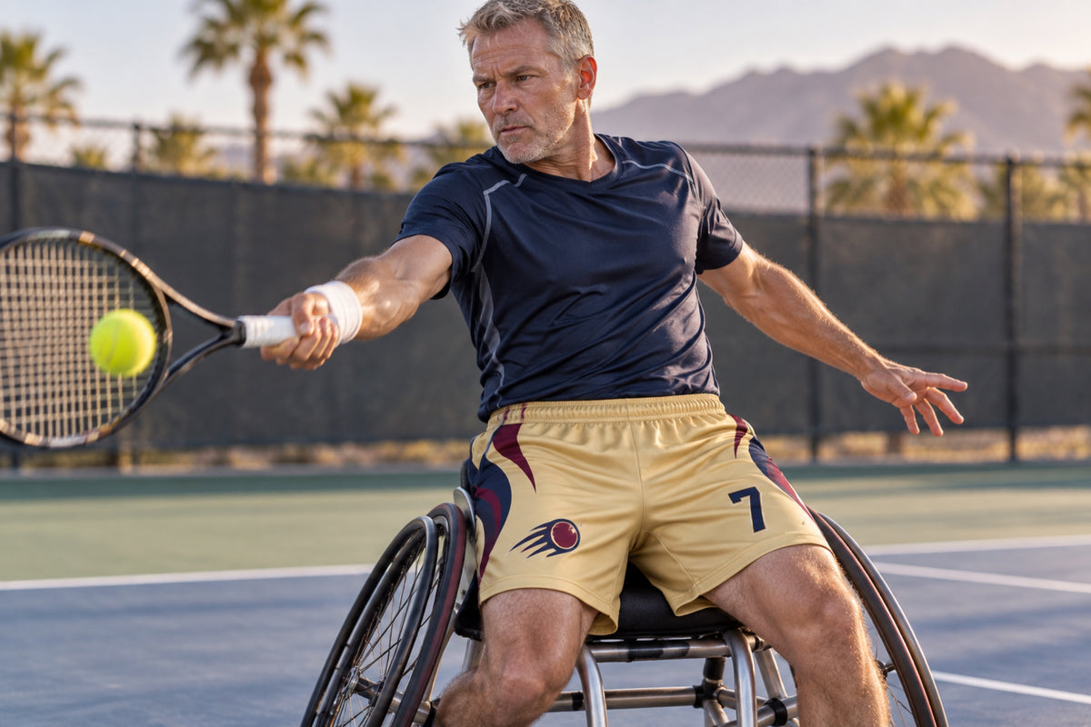 Wheelchair tennis player striking a forehand on an outdoor court wearing vegas gold custom sublimated athletic shorts with number 7.