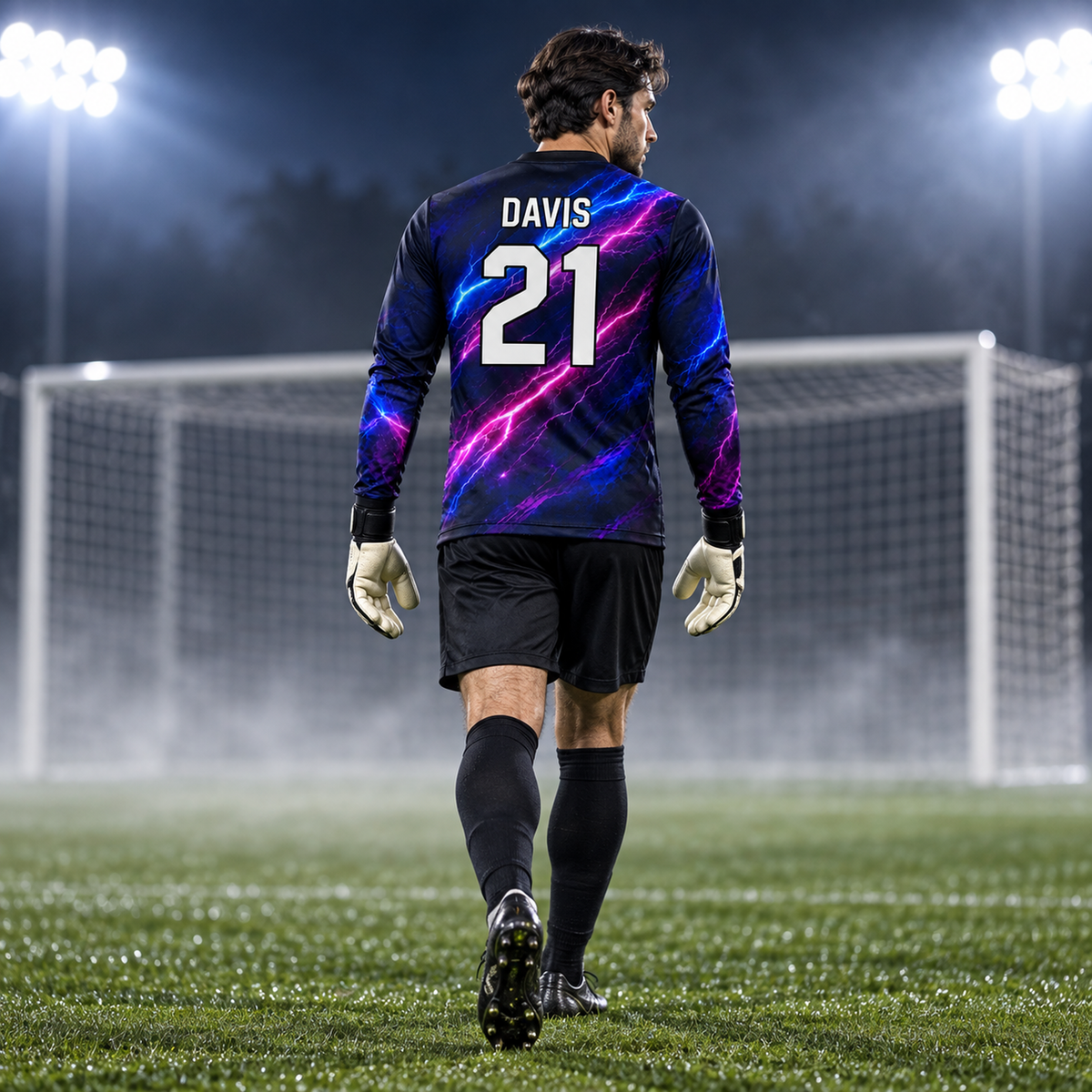 Voltage Strike custom goalkeeper jersey worn by male goalkeeper, full back view, DAVIS 21