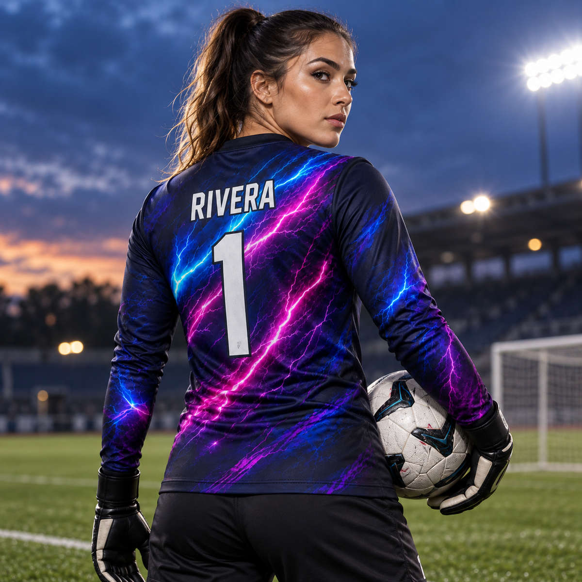 Voltage Strike custom goalkeeper jersey worn by female goalkeeper, back view, RIVERA 1