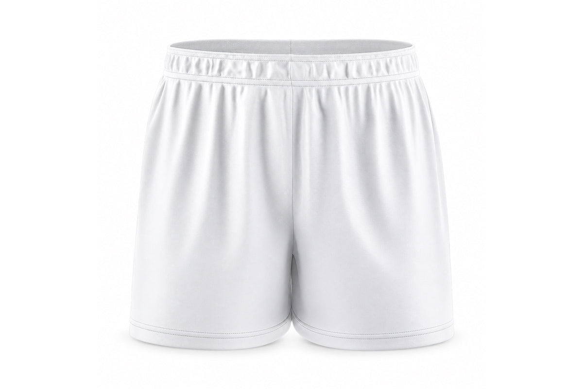 Front view of blank white custom sublimated athletic shorts with elastic waistband and stitched hems on a white background.